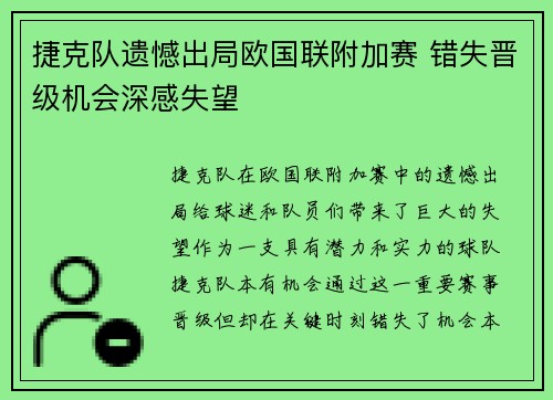 捷克队遗憾出局欧国联附加赛 错失晋级机会深感失望