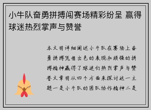 小牛队奋勇拼搏闯赛场精彩纷呈 赢得球迷热烈掌声与赞誉